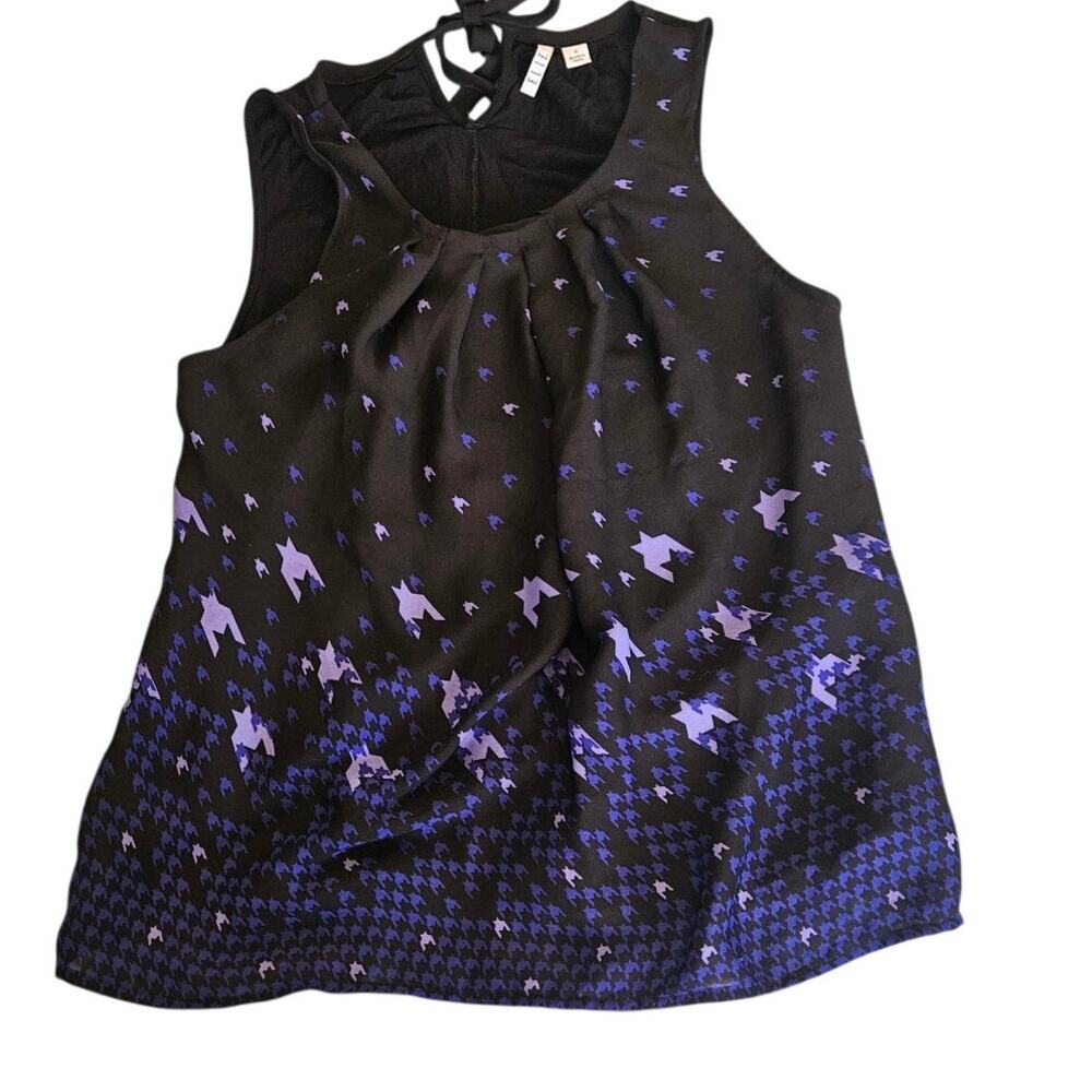 Elle Sleeveless Blouse Small Black Blue Printed Tie Back Keyhole Tank Top